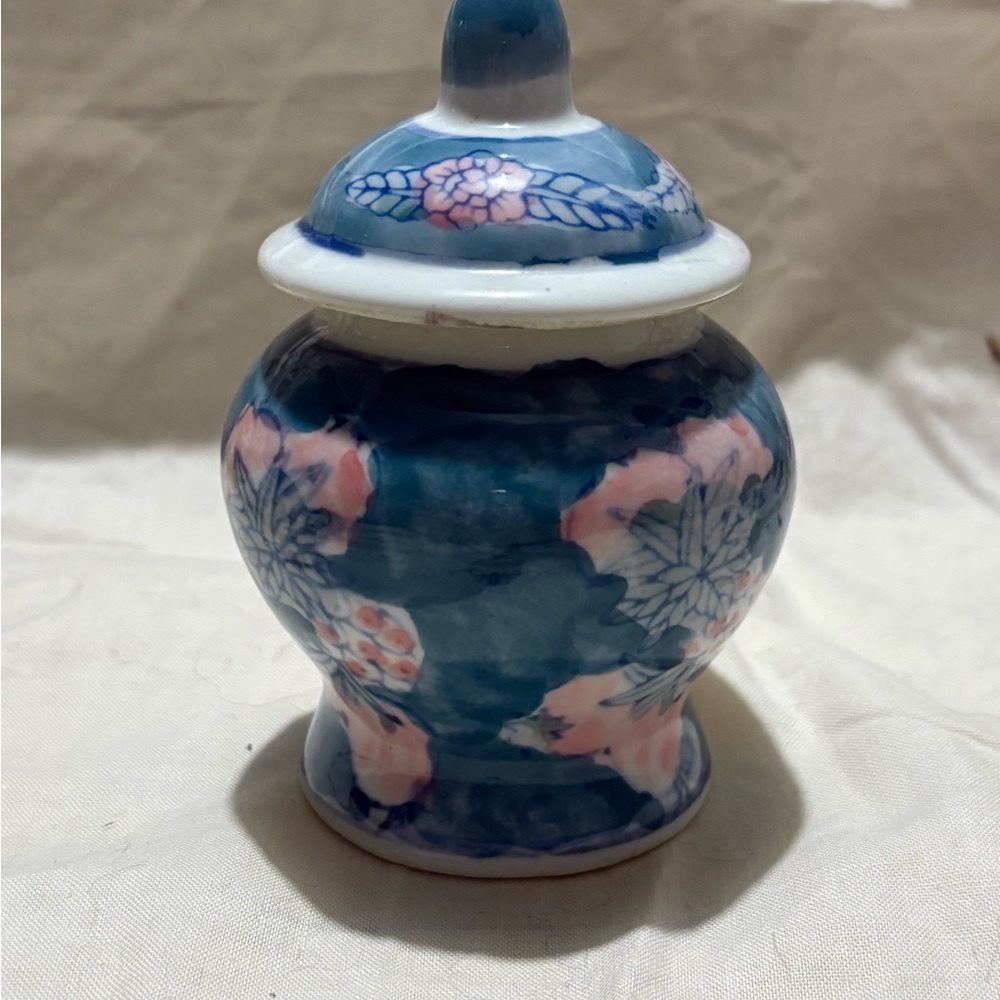Vintage Floral Blue and Pink Ceramic Jar